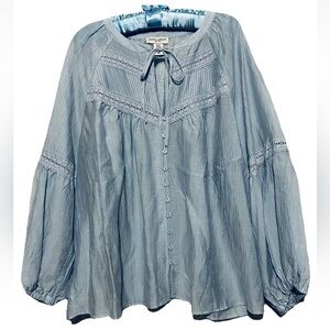 Laura Ashley Top 1X Blue Button Up Crochet Trim Boho Beachy Feminine Coquette